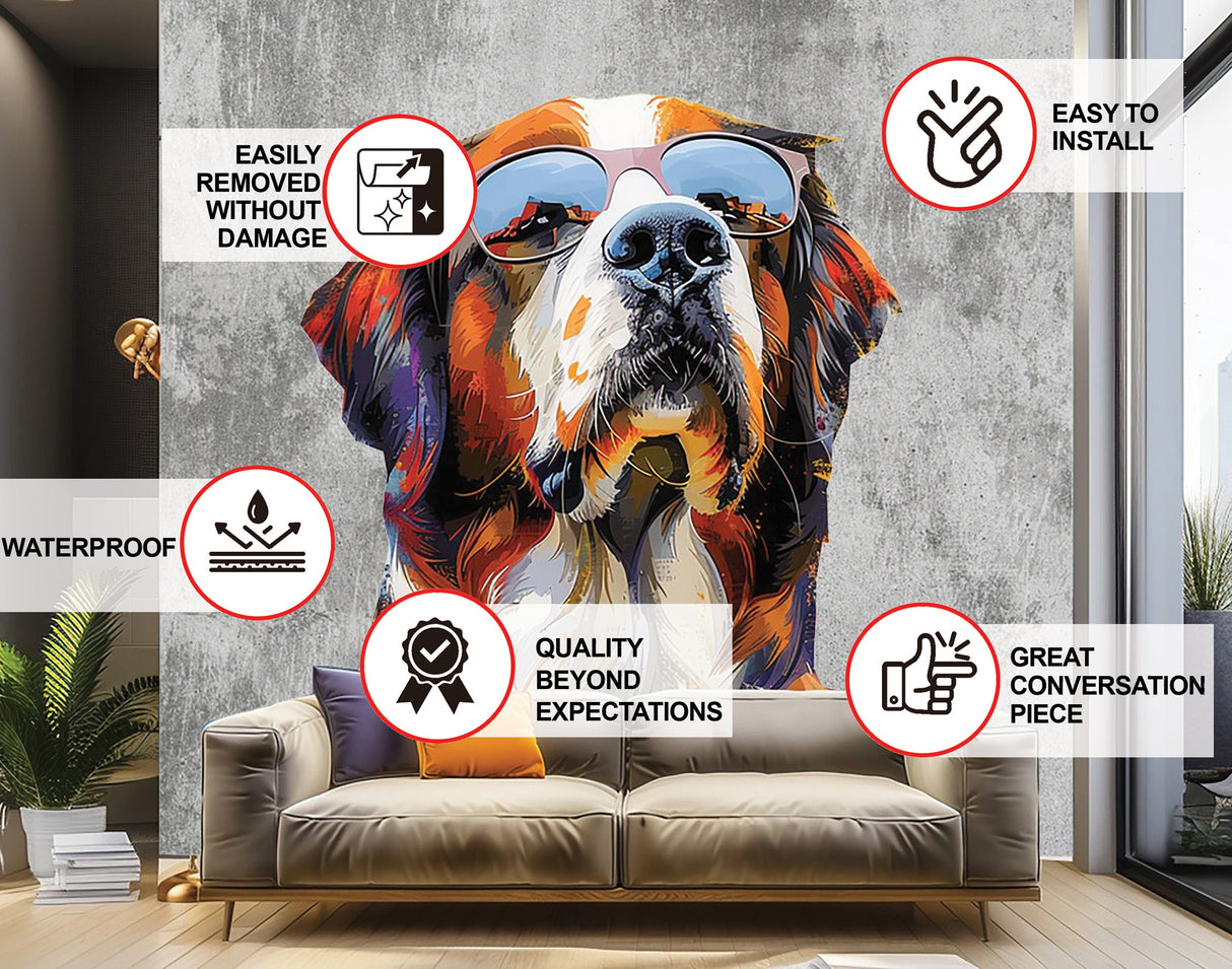 Thoughtful St. Bernard in Glasses Wall Decal - Dreamy Watercolor Bernese Mountain Dog Imagining Art Sticker.