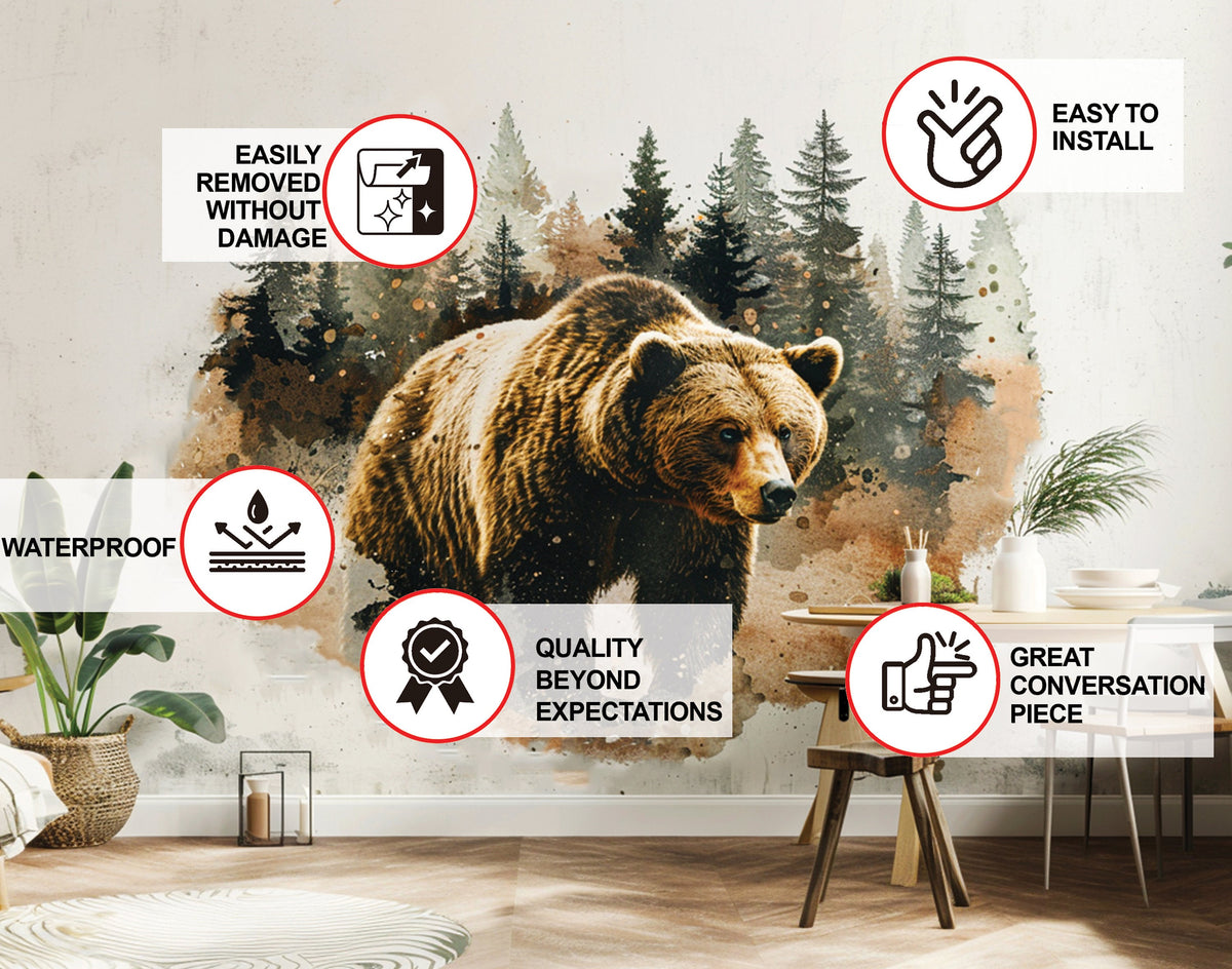Bear in Forest Wall Sticker - Textured Art Vinyl Nature Bruin Decal Mural.