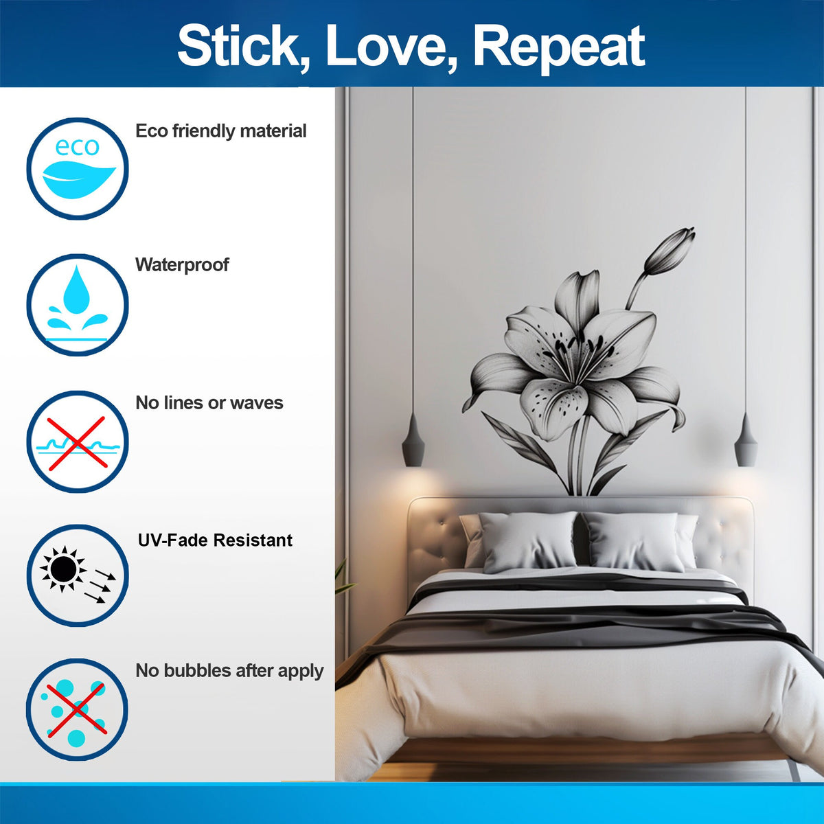 Product detail view of Elegant Monochrome Lily Flower Wall Decal.