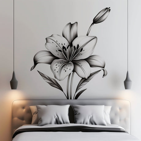 Elegant Monochrome Lily Flower Wall Decal displayed in a room setting.