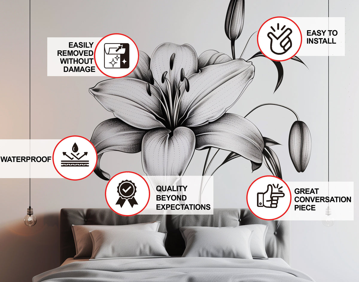 Classic Black and White Lily Bloom Wall Sticker - Elegant Floral Bedroom Wall Decal Decor.