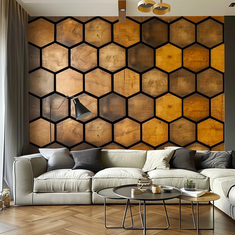 Hexagonal Wood Effect Wallpaper Sticker - Black Accent Adhesive Wall Decal.