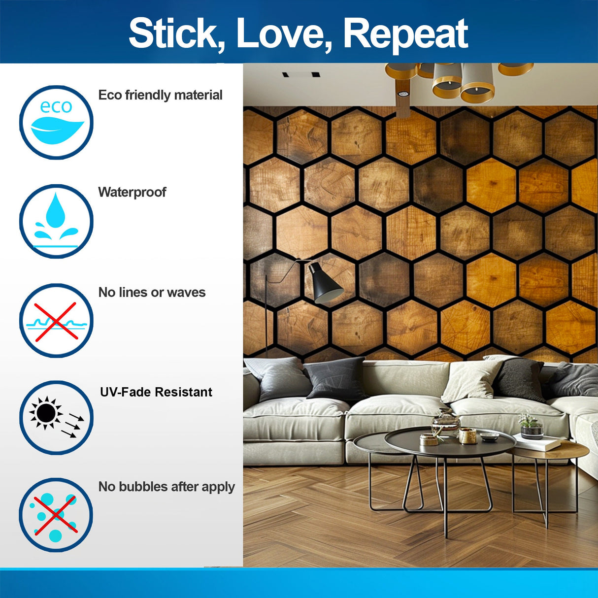 Product gallery view of Hexagonal Wood Effect Wallpaper Sticker.