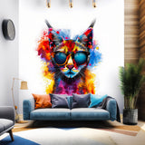 Vibrant Maine Coon Cat Wall Sticker with Sunglasses displayed in a room setting.
