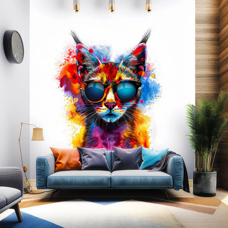 Vibrant Maine Coon Cat Wall Sticker with Sunglasses displayed in a room setting.