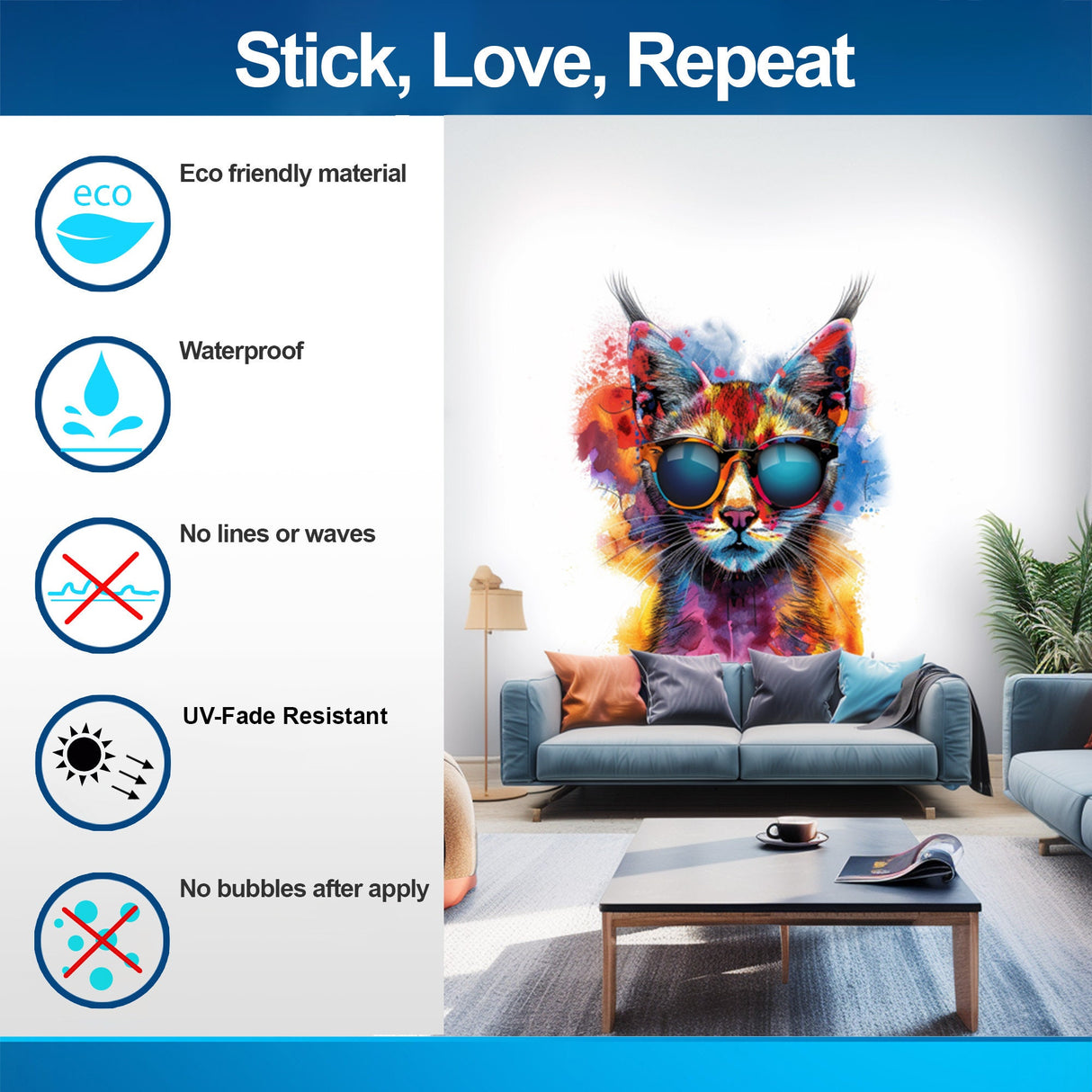 Product gallery view of Vibrant Maine Coon Cat Wall Sticker with Sunglasses.