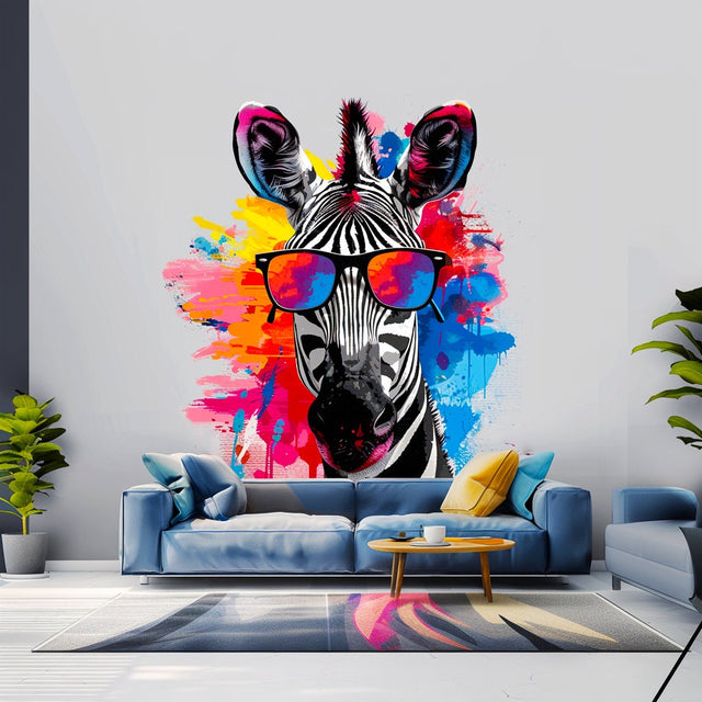 Whimsical zebra in glasses watercolor wall decal for a children’s room.