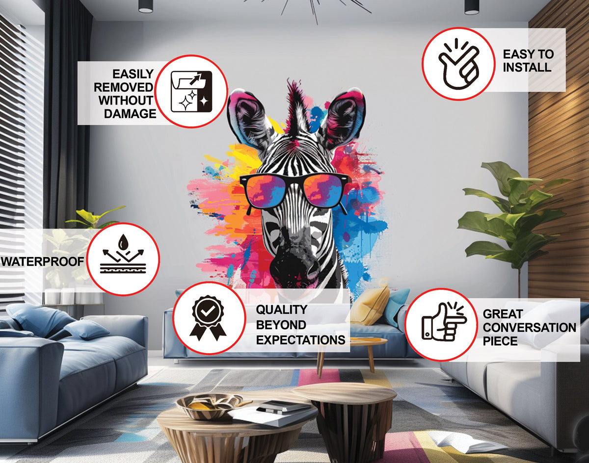 Colorful zebra wearing glasses wall sticker in an alternate product view.