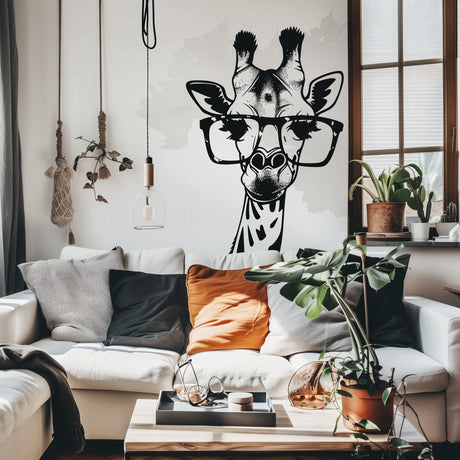 Monochrome Giraffe Wall Sticker with Glasses displayed in a room setting.