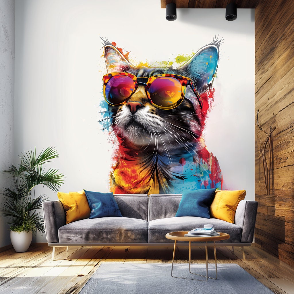 Colorful Maine Coon cat wall sticker with sunglasses and modern kitten artwork.