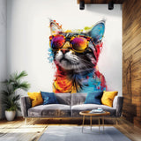 Colorful Maine Coon cat wall sticker with sunglasses and modern kitten artwork.
