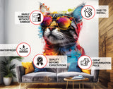Colorful Maine Coon cat wall sticker with sunglasses.
