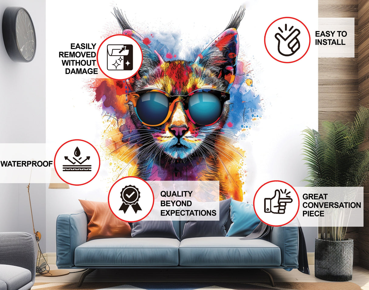 Alternate product view of Vibrant Maine Coon Cat Wall Sticker with Sunglasses.