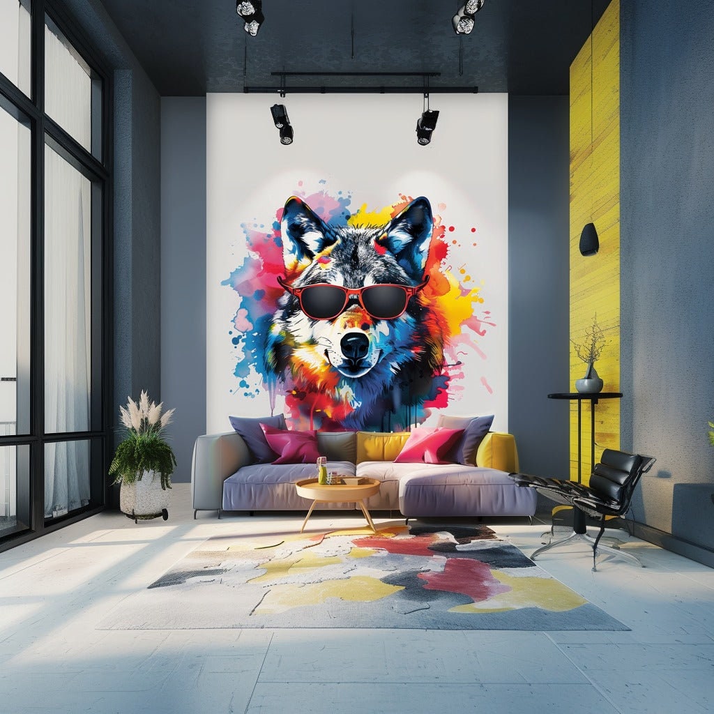 Product gallery view of Watercolor Wolf Wall Sticker with Sunglasses.