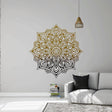Gold and Black Gradient Mandala Wall Sticker Decals displayed in a room setting.