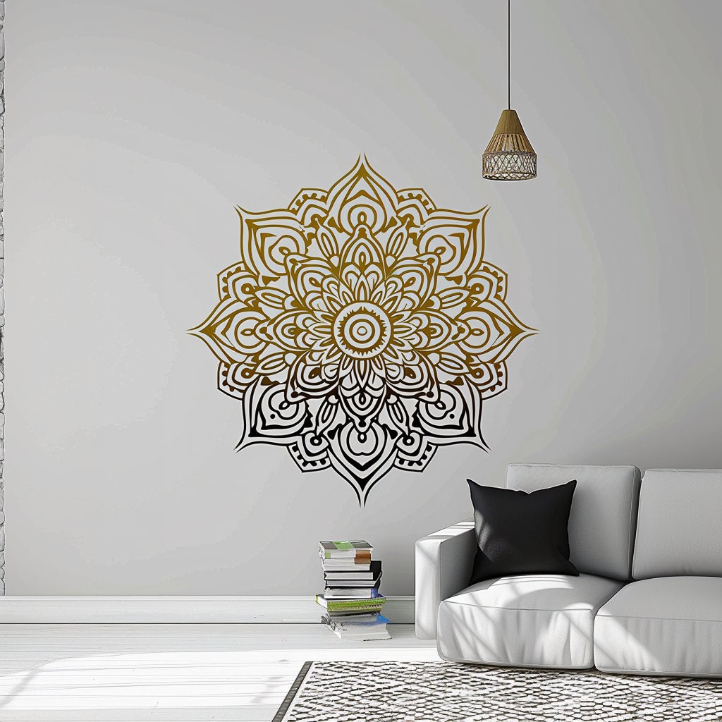 Gold and Black Gradient Mandala Wall Sticker Decals displayed in a room setting.