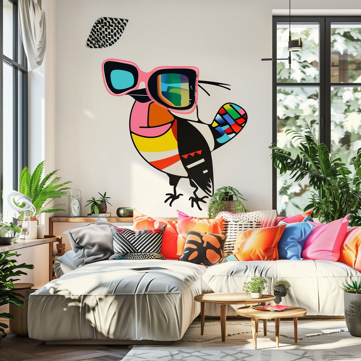 Alternate product view of Downy Woodpecker in Glasses Street Art Style Wall Sticker Decals.