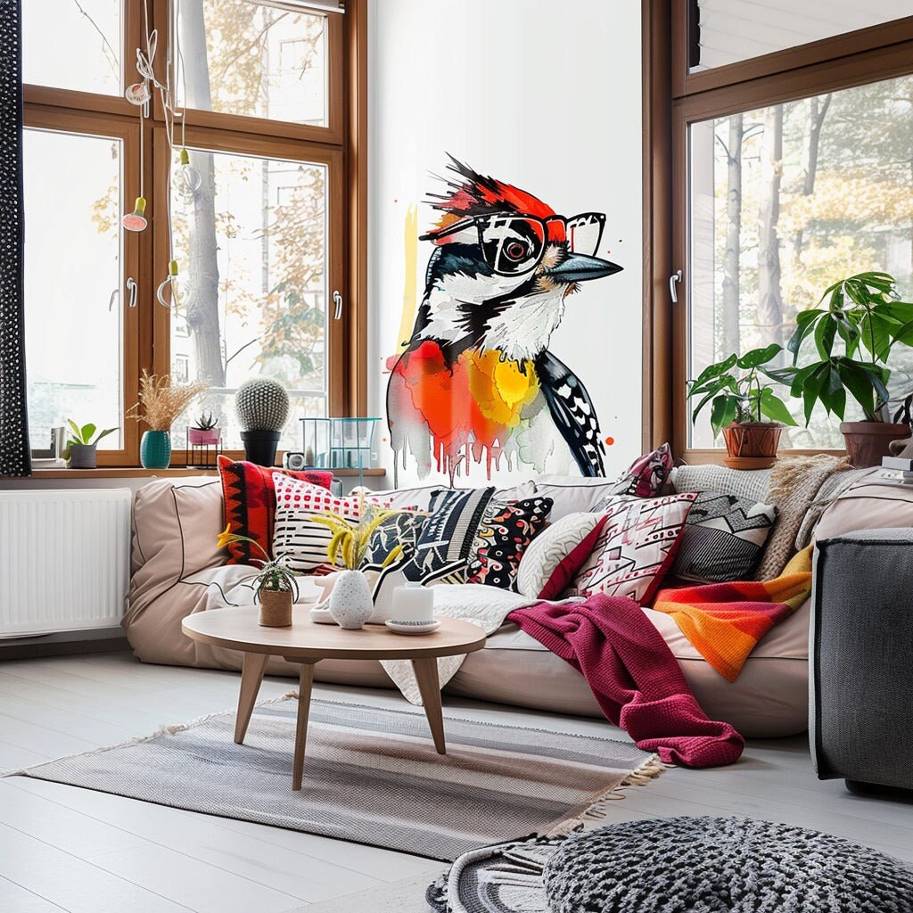 Alternate product view of Downy Woodpecker in Glasses Watercolor Art Sticker Decals.