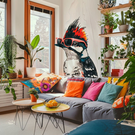 Downy Woodpecker in Glasses Colorful Stencil Style Wall Sticker Decals - Unique Room Decor for Kids and Nursery.