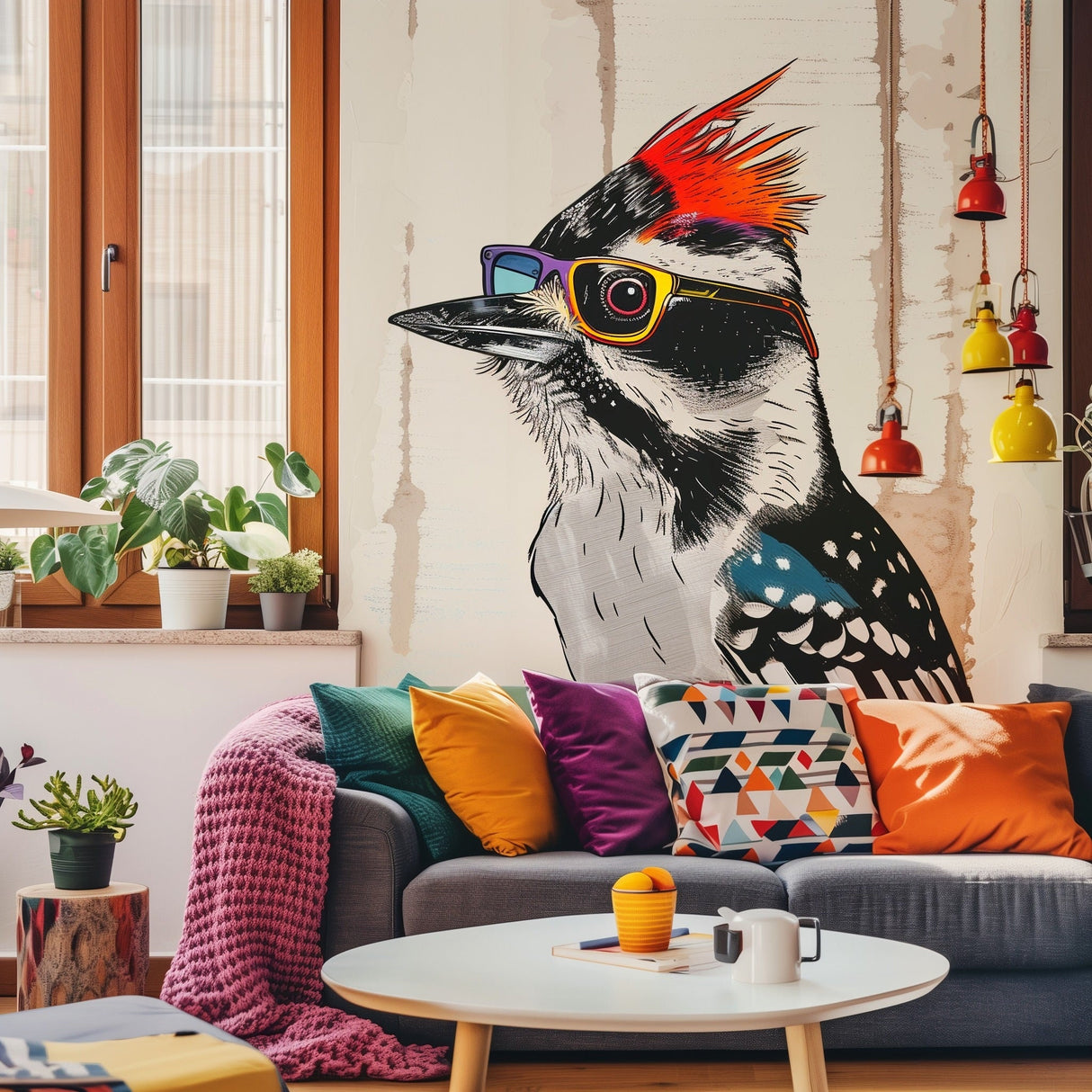 Alternate product view of Downy Woodpecker Bird in Glasses Wall Sticker Decals.