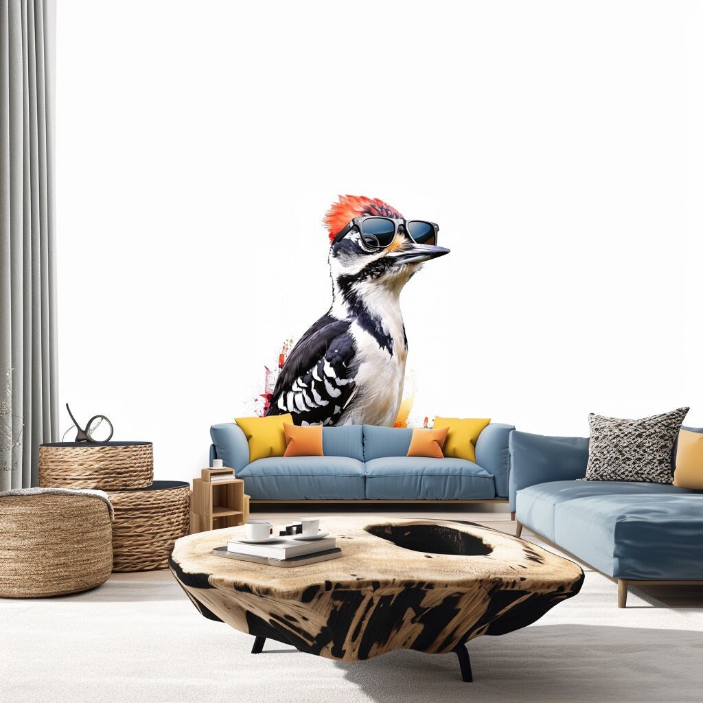 Product gallery view of Downy Woodpecker Bird in Glasses Wall Sticker Decals.