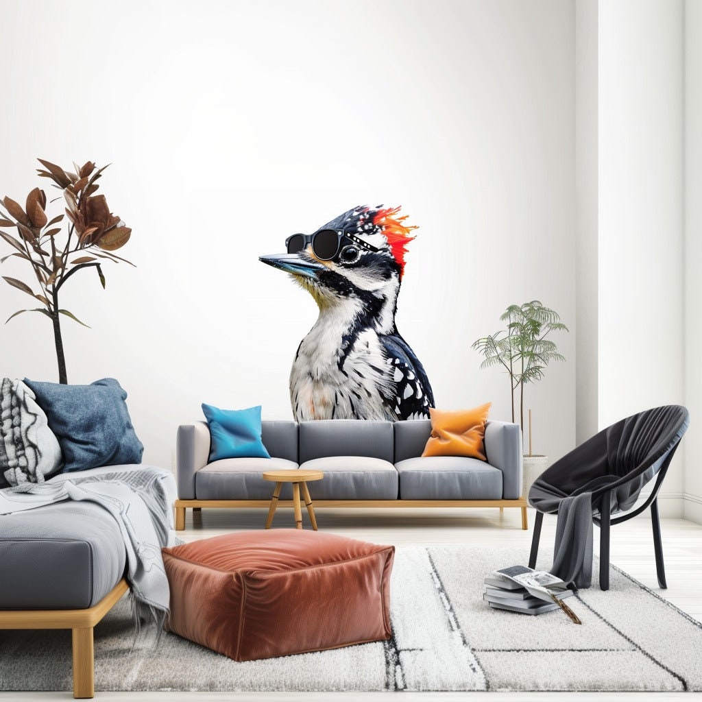 Product gallery view of Downy Woodpecker Bird in Glasses Wall Sticker Decals.