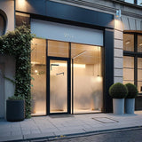 Frosted glass decal on a storefront door with modern design and greenery outside.