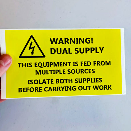 Product view of 6x Dual Supply Warning Label Sticker.