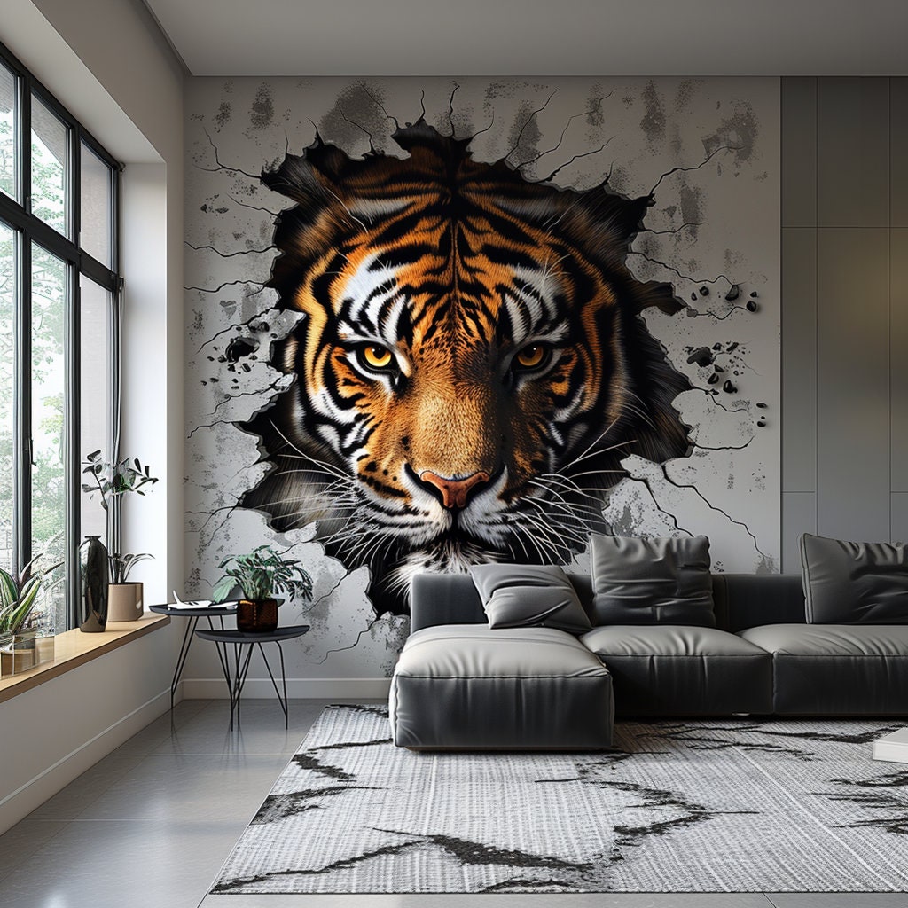 Realistic tiger face wall decal with a printed 3D portrait effect