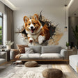 Playful corgi wall decal jumping through a broken-wall opening