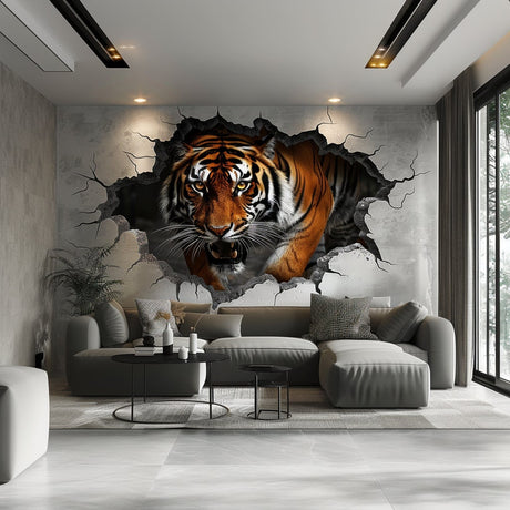 Majestic tiger wall decal with a broken-wall breakthrough illusion
