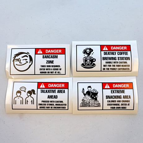 Product view of Funny Danger Warning Label Stickers Set.