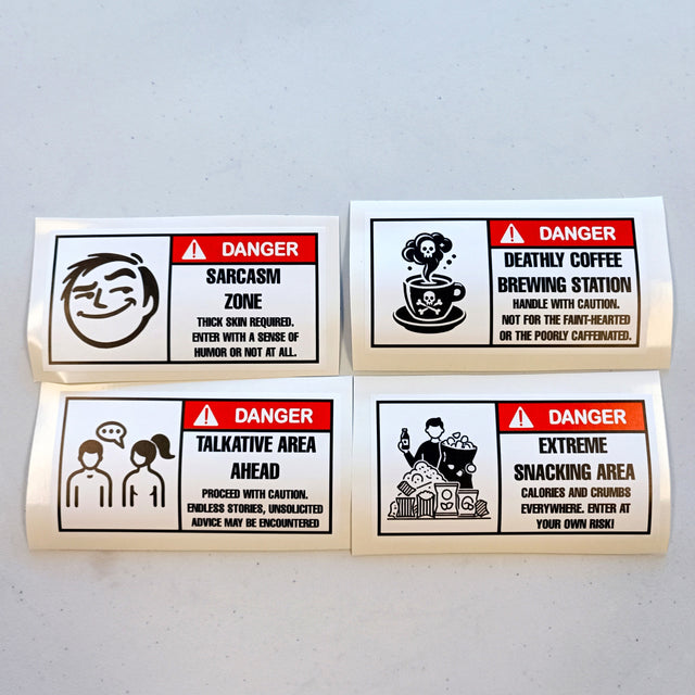 Product view of Funny Danger Warning Label Stickers Set.