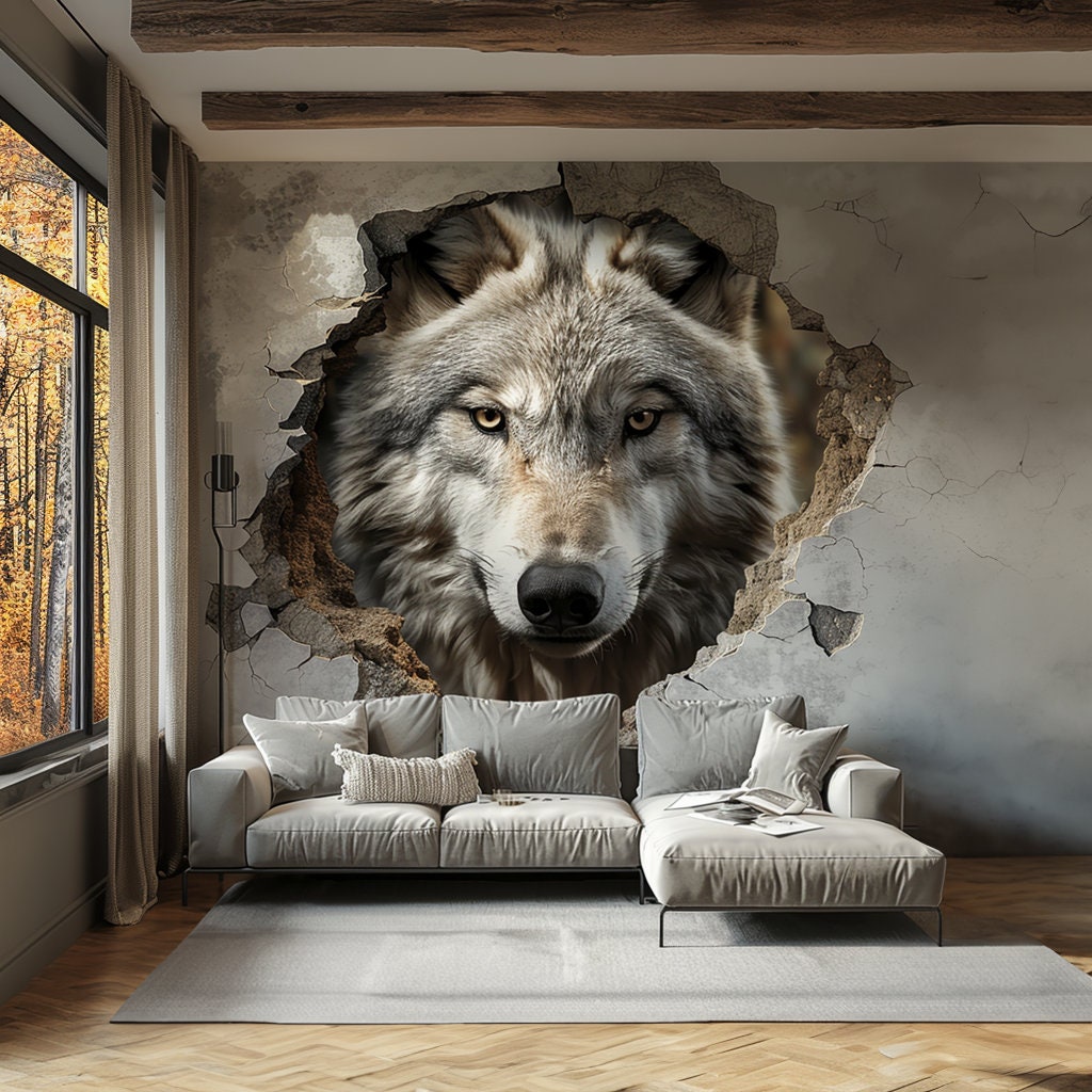 Majestic wolf wall decal breaking through a jagged wall, Design 2