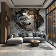 Wolf and enchanted forest wall decal with a breakthrough illusion, Design 1