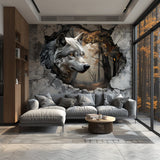 Wolf and enchanted forest wall decal with a breakthrough illusion, Design 1