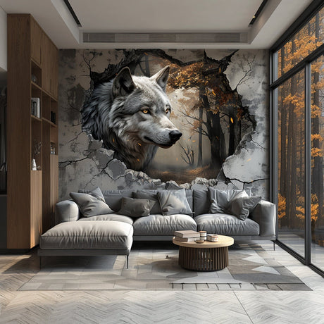 Wolf and enchanted forest wall decal with a breakthrough illusion, Design 1