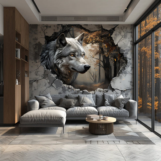 Wolf and enchanted forest wall decal with a breakthrough illusion, Design 1