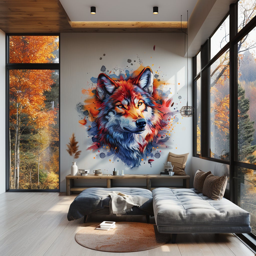 Product gallery view of Vibrant Watercolor Wolf Head Wall Decal.