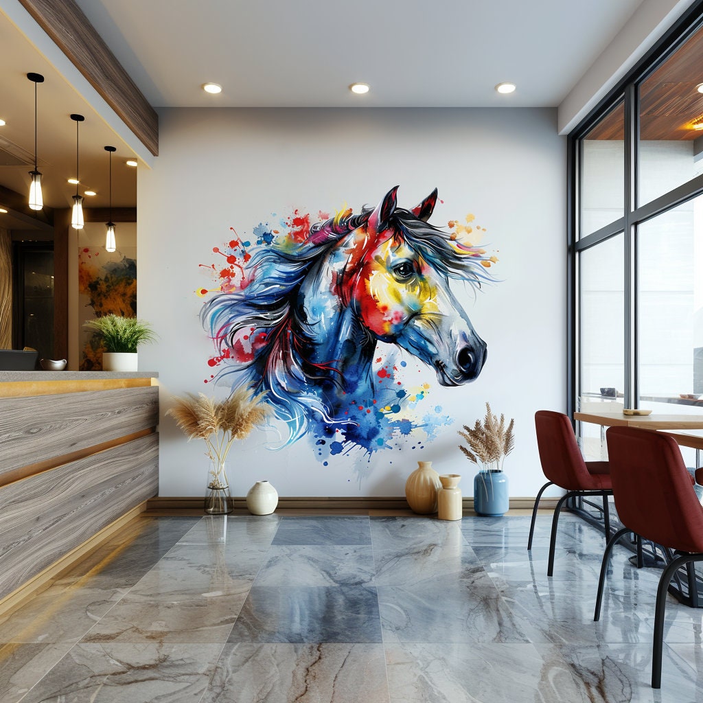 Product gallery view of Vibrant Watercolor Horse Head Wall Decal Sticker.