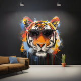 Graffiti Tiger Wall Sticker with Sunglasses displayed in a room setting.