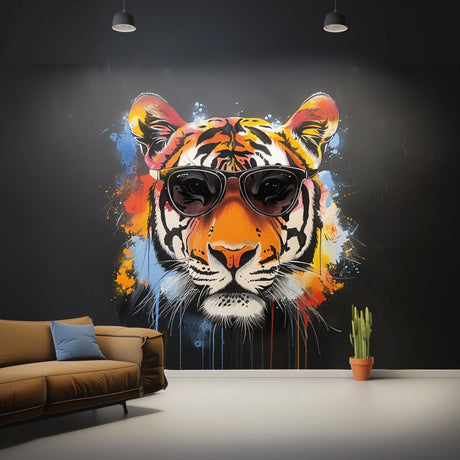 Graffiti Tiger Wall Sticker with Sunglasses displayed in a room setting.