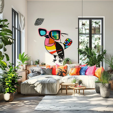 Downy Woodpecker in Glasses Street Art Style Wall Sticker Decals - Unique Room Decor for Bird Lovers