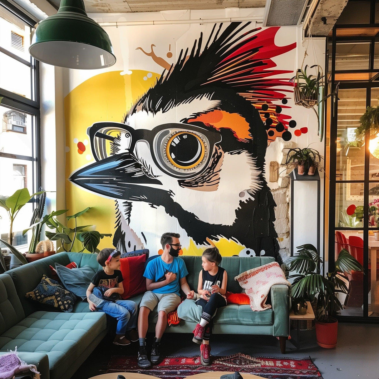 Liveable space featuring Huge Downy Woodpecker wall decal, kids enjoying the decor on a green couch.