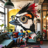 Liveable space featuring Huge Downy Woodpecker wall decal, kids enjoying the decor on a green couch.