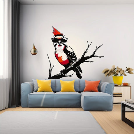 Additional product presentation of Downy Woodpecker Bird in Glasses Wall Sticker Decals.
