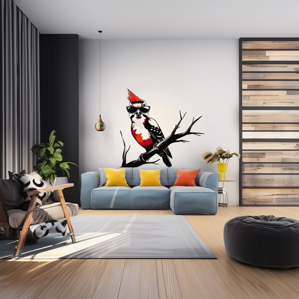 Product gallery view of Downy Woodpecker Bird in Glasses Wall Sticker Decals.