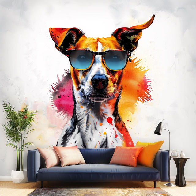 Photorealistic Jack Russell Terrier Wall Sticker - Vibrant Watercolor Dog with Sunglasses Decal
