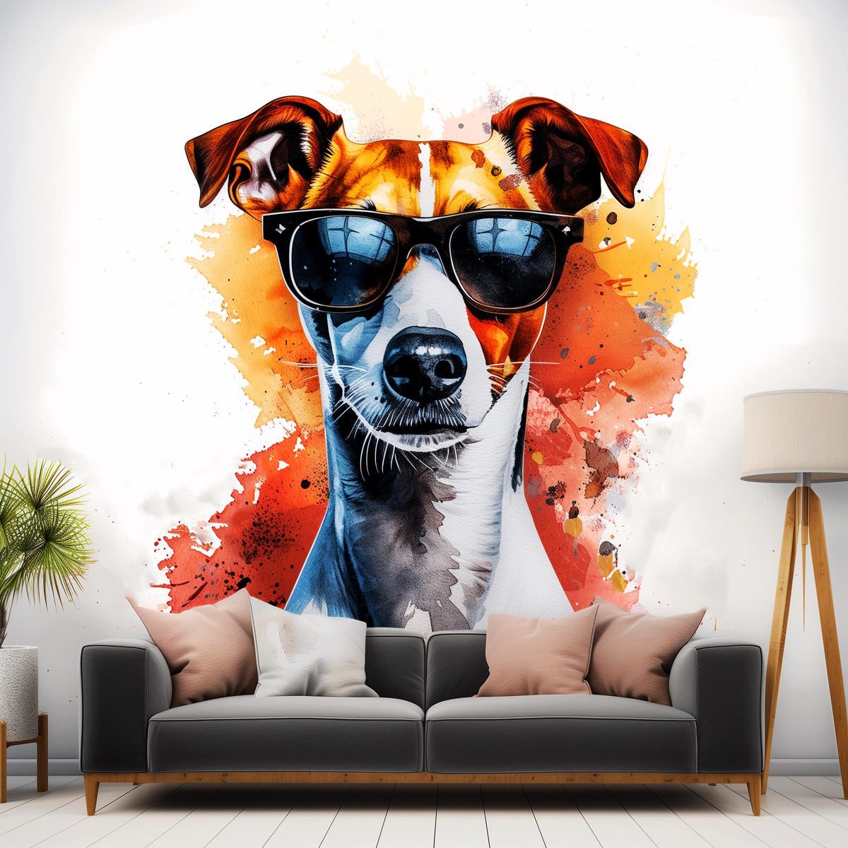 Vibrant Jack Russell Terrier Wall Sticker with Sunglasses displayed in a room setting.