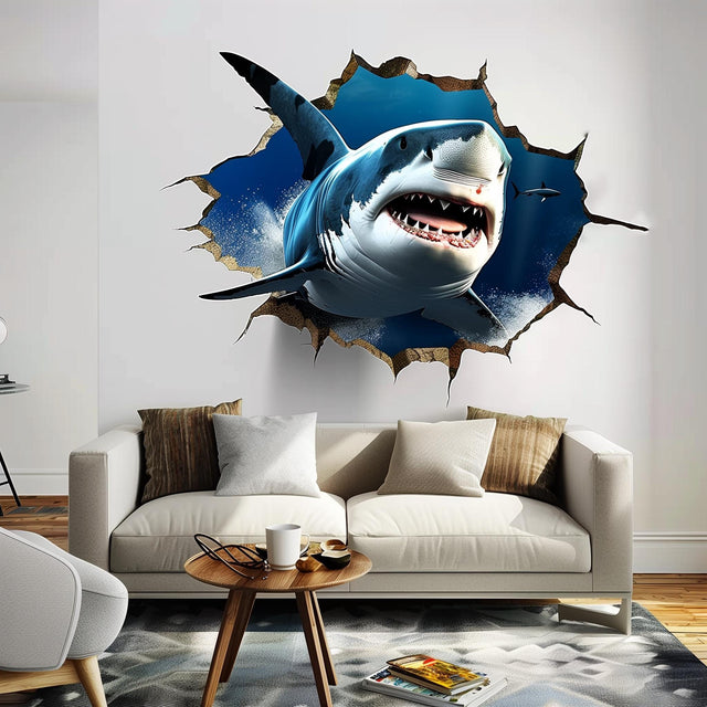 Tiger shark wall decal with an underwater breakthrough illusion